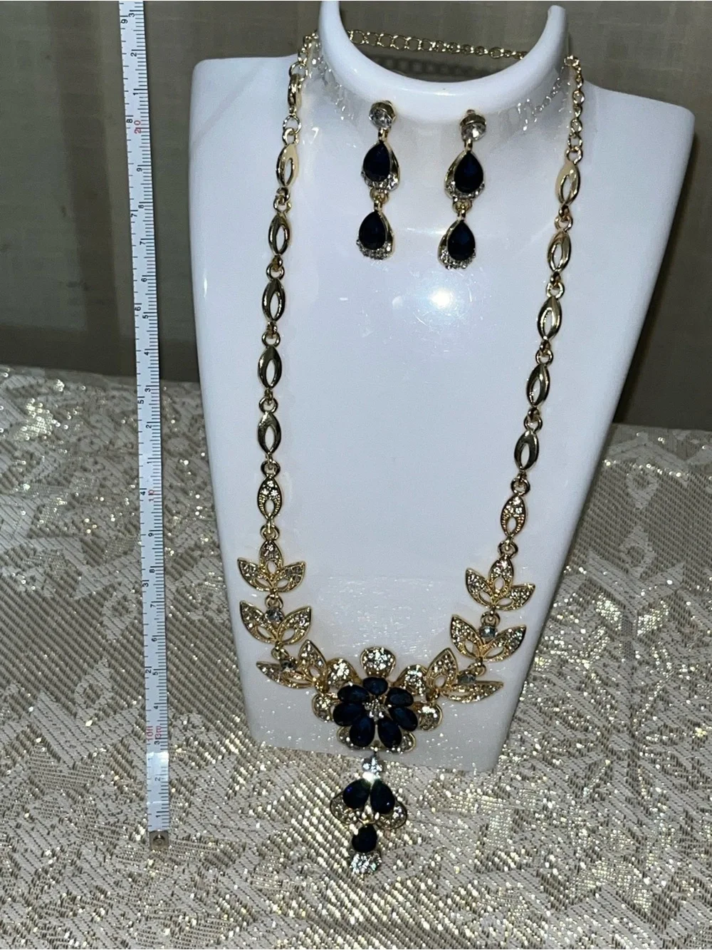 Floral Statement Necklace & Earring Set / Dark Blue & White Rhinestones NEW
